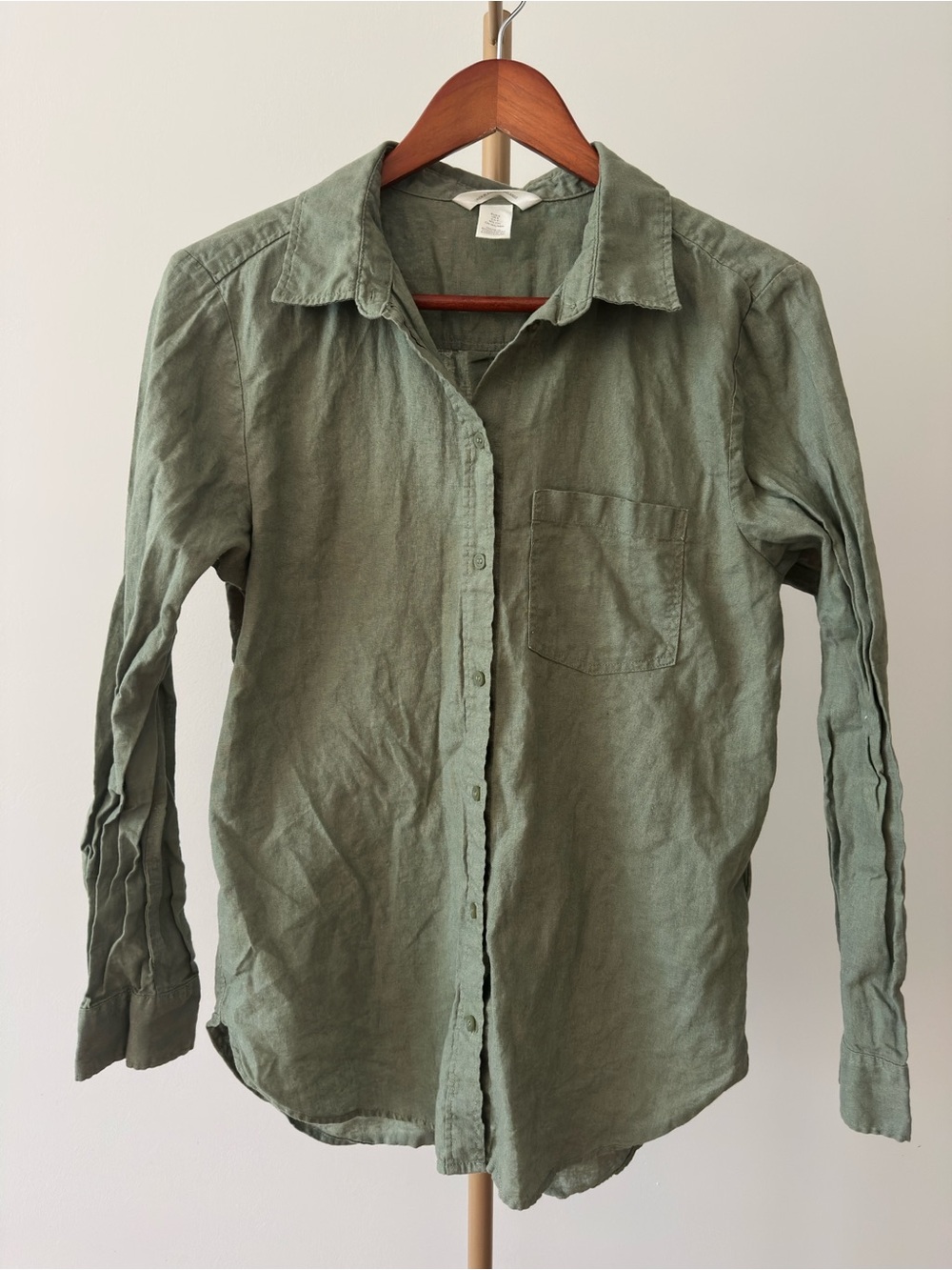 H&M Linen Cotton Blend Button-Down Shirt Olive Green Small Collared Long Sleeve